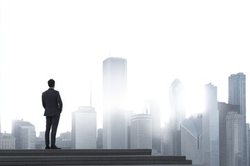Poster - A person standing on the stairs with a view of the city, suitable for urban-themed projects