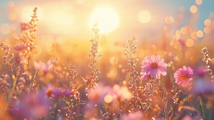 Poster - Glistening flower meadow bursts with color as sunbeams pierce through the delicate petals. Nature awakens with soft hues of pink and gold, inviting tranquility and joy in the early morning light