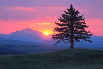 Aufkleber - A solitary tree stands on a grassy hill as the sun sets in the background
