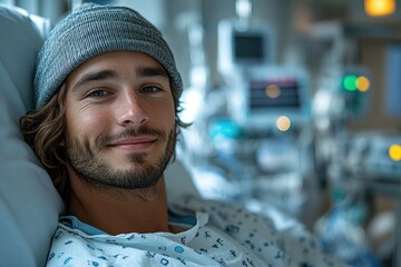 Wall Mural - A person lying in a hospital bed, wearing a beanie for warmth or comfort