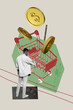 © deagreez - Exclusive sketch 3d artwork collage poster of happy american man stand back hold shopping cart trolley payment usd coin sale promo