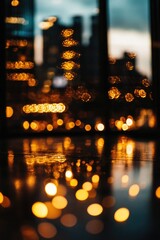 Poster - A nighttime cityscape viewed through a window, with bright lights and busy streets