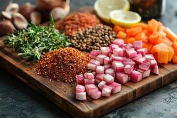 Poster - Freshly cut vegetables on a wooden cutting board, ideal for cooking and kitchen scenes
