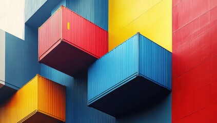 Poster - Vibrant Appeal of Colorful Shipping Containers Stacked on a Bright Abstract Wall, Showcasing Bold Hues and Modern Design Elements in Urban Architecture