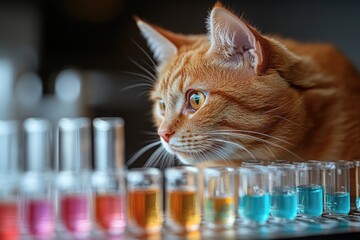 Poster - A curious cat sits beside a row of test tubes on a table, ready for inspection