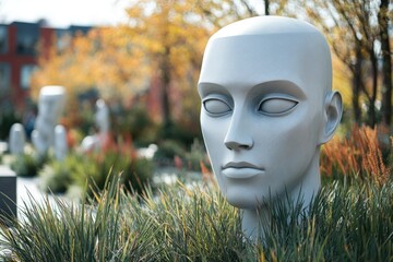 Poster - A sculpture of a woman's head in a garden setting