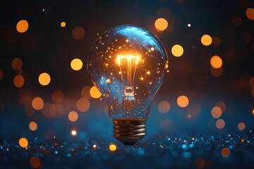 Poster - A single light bulb sits on a table with a simple base