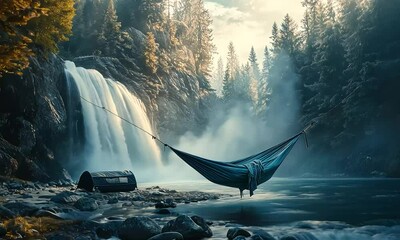 Wall Mural - Tranquil hammock by the serene waterfall surrounded by lush forest and misty river creating a perfect serene escape in nature