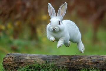 Aufkleber - A white rabbit jumps over a log in a natural setting