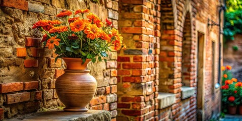 Sticker - Rustic Brick Wall Background with Orange Flowers in Vintage Vase - Stock Photo