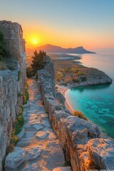 Poster - A serene scene with a winding stone path leading to the beach as the sun sets in the background, perfect for use in travel or nature-related projects
