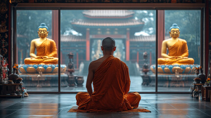 Wall Mural - A monk chanting mantras in a meditation hall, with serene golden statues of Buddha in the background