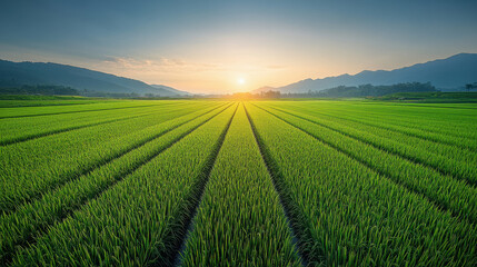 Wall Mural - rice paddy field stretches out towards the horizon, with rows of vibrant green rice plants neatly arranged in a grid pattern.