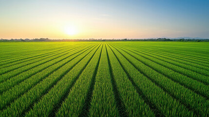 Wall Mural - rice paddy field stretches out towards the horizon, with rows of vibrant green rice plants neatly arranged in a grid pattern.