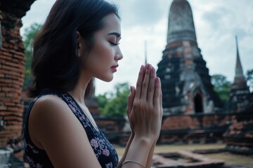Poster - A woman praying in front of a Buddhist or Hindu temple