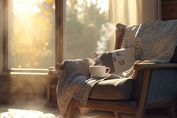 Poster - A person sitting in a chair with a blanket and a cup of coffee, perfect for relaxation