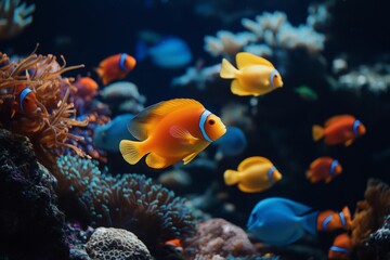 Poster - A vibrant coral reef teeming with colorful clownfish swimming amidst diverse marine life, showcasing the beauty and diversity of the underwater ecosystem.