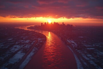 Poster - A sunset view of a city with a river flowing through it, providing a beautiful backdrop for various uses