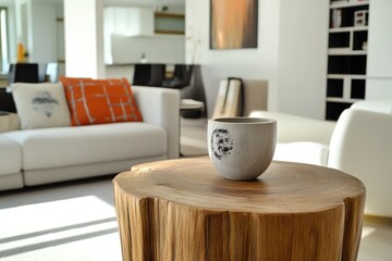 Poster - A single coffee cup sits atop a wooden table, ready for use
