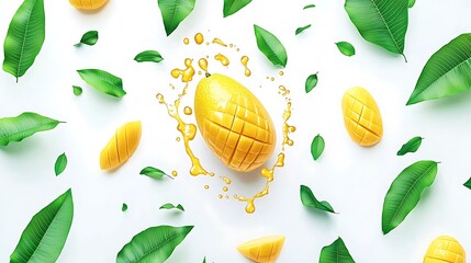 Wall Mural - Ripe mango slices and leaves on white background, ideal for food visuals