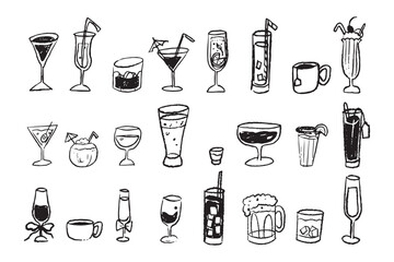 crayon, pencil texture silhouette line of drinks. doodle cartoon sketch style. alcohol, wine, coffee