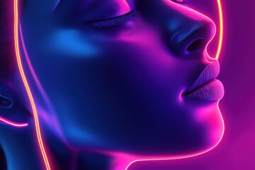 Poster - Vibrant neon portrait of a woman showcasing glowing lines and vivid colors