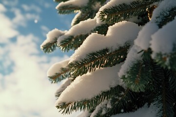 Poster - A close-up shot of a pine tree covered in snow, perfect for winter scenes or nature photography