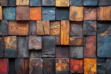 Aufkleber - A captivating arrangement of colorful wooden blocks forming an intricate and visually striking pattern, showcasing various shades and textures of wood.