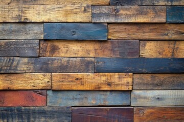 Aufkleber - Wooden panels in various tones are arranged seamlessly to create a mosaic effect, reflecting a natural warmth with hints of blue and golden hues.