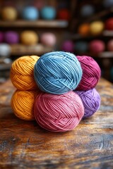 Poster - A bundle of colorful yarn sits atop a wooden table, ready for crafting or knitting