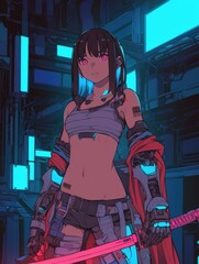 Wall Mural - Cyberpunk Female Warrior with Futuristic Sword