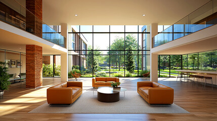 Canvas Print - Modern Architectural Design: Sunlit Lobby with Garden View