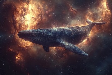 a magnificent whale appears to swim through an ethereal cosmic nebula, blending the enchantment of t