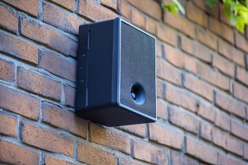 Poster - A black speaker mounted on a brick wall