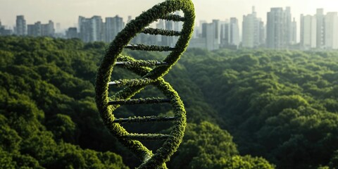 Aufkleber - Model of double-stranded DNA molecule placed in front of a cityscape, great for scientific or educational use