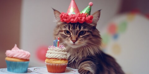 Poster - A curious cat wearing a party hat sits next to a decorated cupcake, perfect for celebrations and happy moments
