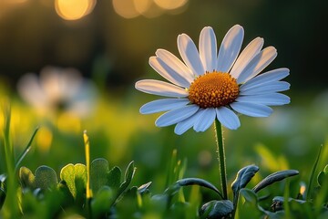 Wall Mural - A simple yet elegant scene with a single white flower sitting in the middle of a green field