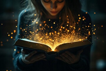 Poster - A captivating image of a girl holding an open book, with golden sparkles rising from its pages, symbolizing curiosity and imagination in a dimly-lit setting.