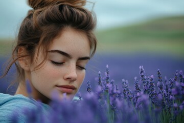Poster - A serene young woman with closed eyes basks in the tranquil environment of a lavender field, embodying relaxation and calm, surrounded by nature's soothing elements.