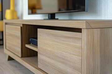Aufkleber - A modern living room setup with a wooden TV stand and a flat screen TV
