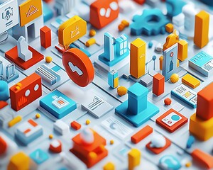 Poster - Abstract 3D digital city landscape with icons.