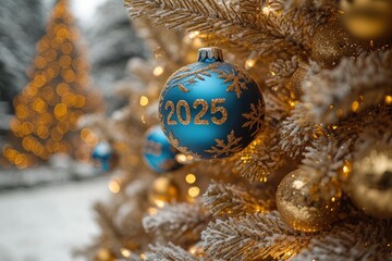 Poster - A blue ornament hangs from a Christmas tree