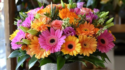 Aufkleber - A stunning arrangement of vivid flowers features bright gerbera daisies, elegant roses, and lush greens, showcasing nature's beauty in a charming florist's shop filled with warmth