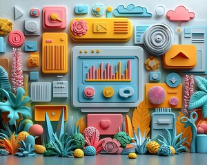 Aufkleber - Colorful 3D graphic design elements and plants.