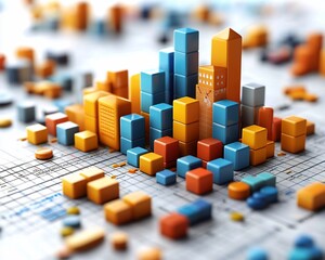 Poster - Colorful 3D block city model on a blueprint.