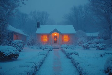 Poster - A house surrounded by snow at night, great for winter scenes or holiday decorations