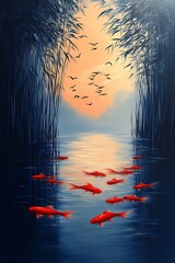 Wall Mural - Tranquil sunset scene with koi fish swimming in a bamboo-lined river.