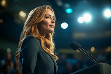 A confident woman stands at a podium during a prestigious conference, speaking with authority and grace, with bright lights symbolizing attention and professionalism.