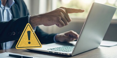 Poster - Close-up of a Hand Pointing at a Laptop Screen with a Yellow Caution Mark Symbol, showcasing a warning of a virus and data protection