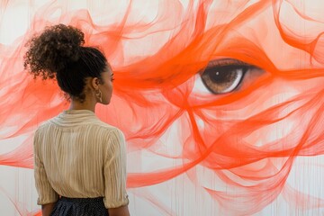 Aufkleber - A woman studies an abstract art piece with swirling red patterns symbolizing creativity, introspection, and the fusion of emotion and artistic expression.
